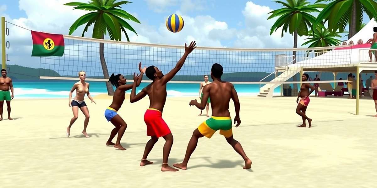 Arpora All Stars Multiplayer Gameplay Arpora All Stars gameplay showing team of players competing in a beach volleyball tournament with spectators in traditional Goan attire